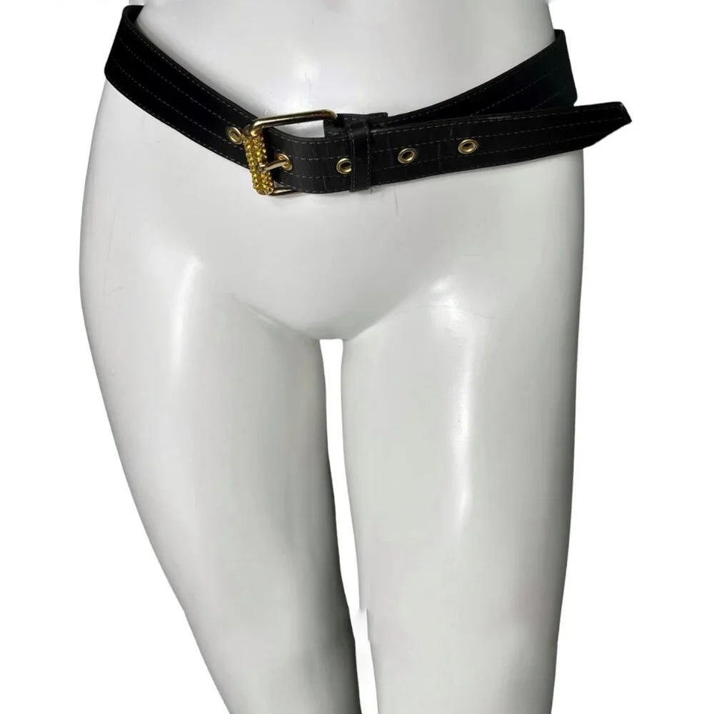 Gap Satin Brown Belt Yellow Bedazzles on Goldtone Buckle Stitch Detail Tiny Flaw